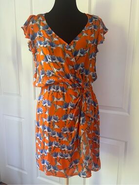 Parker Orange with Blue Floral Print Dress Large